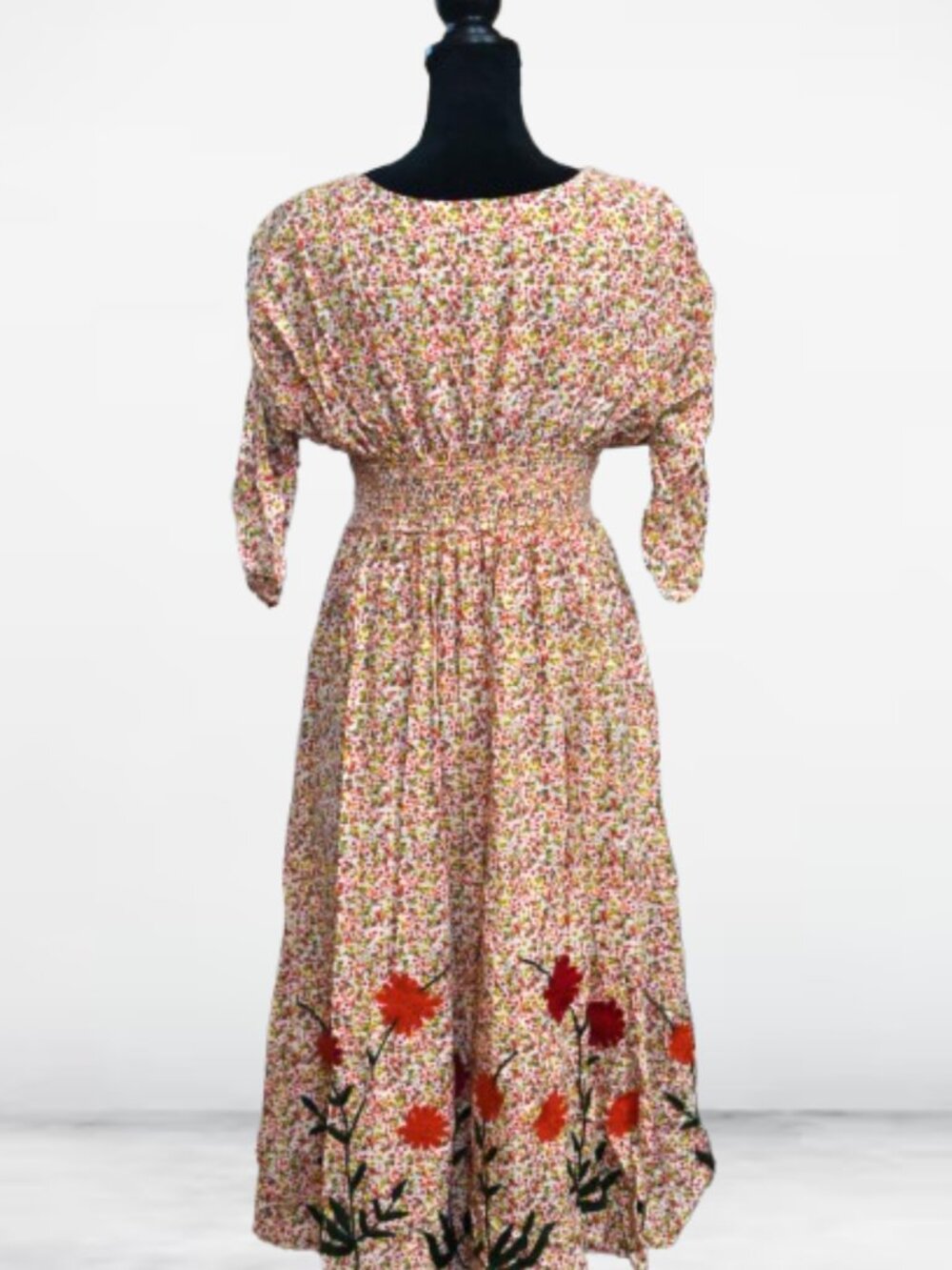 eShakti Floral Embroidered Midi dress Smocked waist POCKETS custom size 10 - Picture 4 of 4